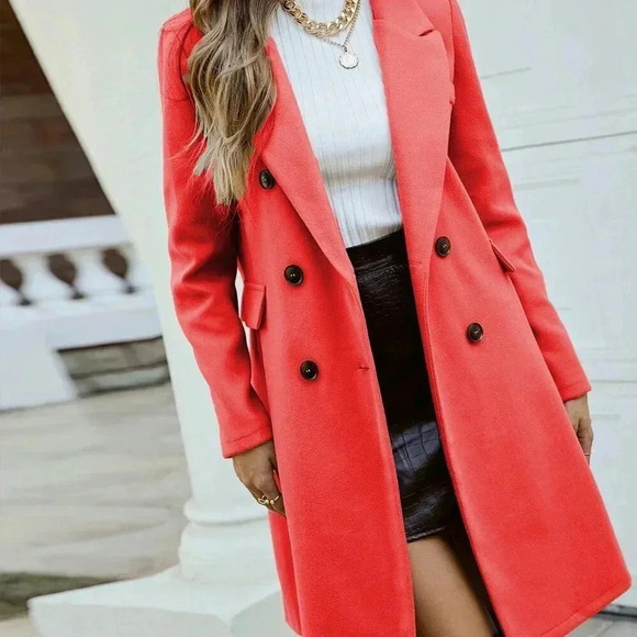 Red Elegant Women's Turndown Collar Long Sleeve Double-Breasted Knitted Coat - Picture 3 of 5